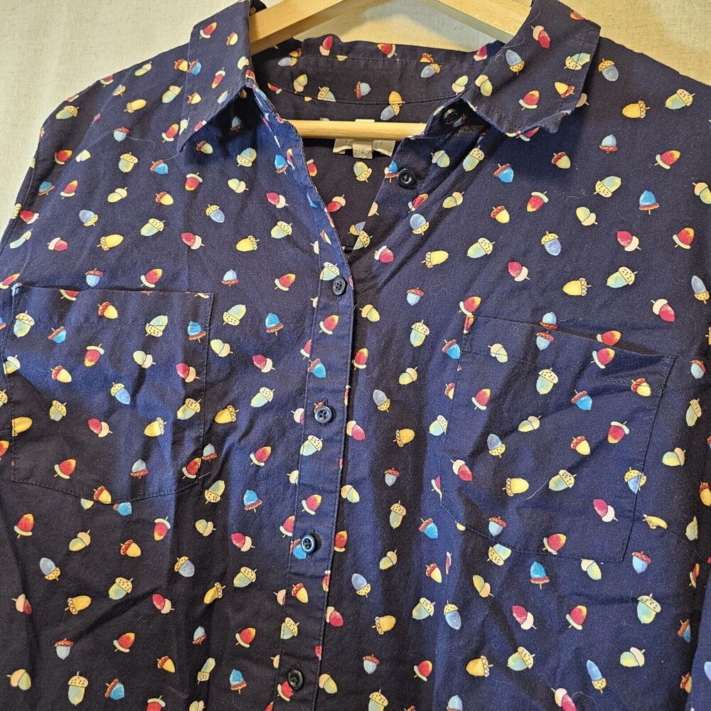Talbots Petites Women's  Button Front Camp Shirt Navy With Colorful Acorns XLp - Picture 4 of 9
